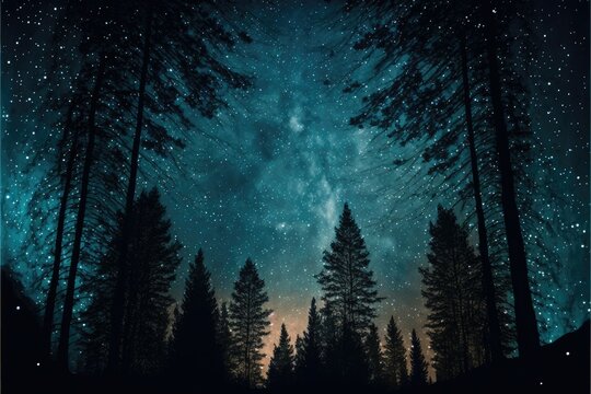 Starry night sky over a forest. Generative AI