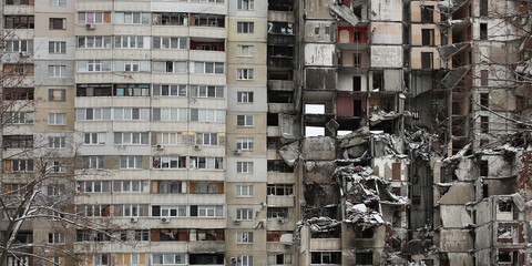 photo of a destroyed multi-storey building from a rocket hit during the Russian aggression in Ukraine, Kharkiv, Saltovka