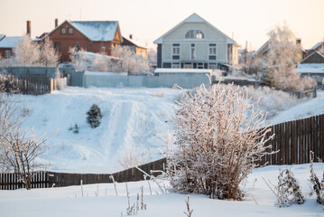 Snow-covered bush in the background of the village