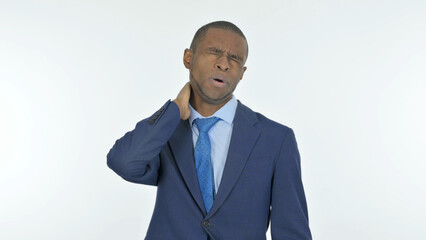 African Businessman with Neck Pain on White Background