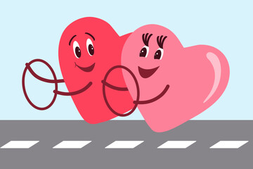 Two happy hearts ride on the road on a blue background. Vector illustration.