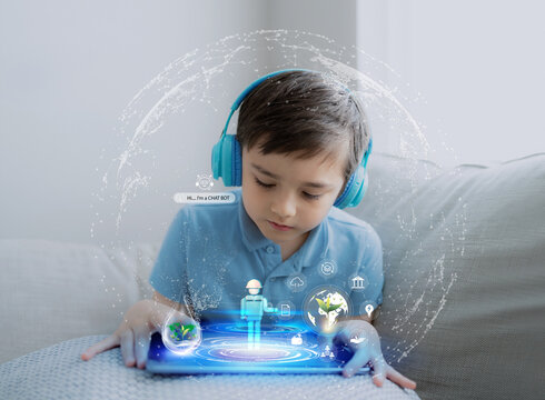 Education technology,Kid using tablet research on internet about world population,Ecology,Environmental, School Boy doing online learning,Geography with Double exposure growth leaf on globe map