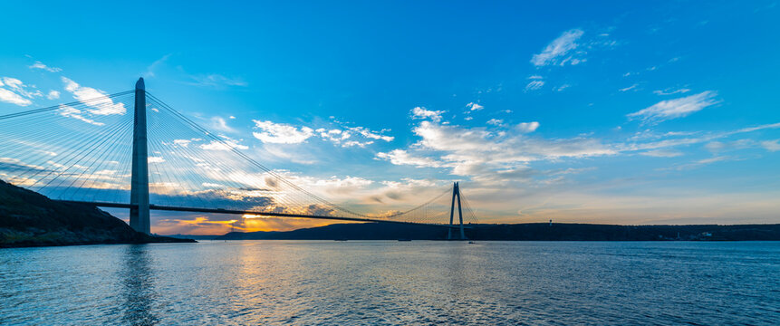 Yavuz Sultan Selim Bridge in Istanbul, Turkey. 3rd bridge of Istanbul Bosphorus with blue sky. Sunset view..