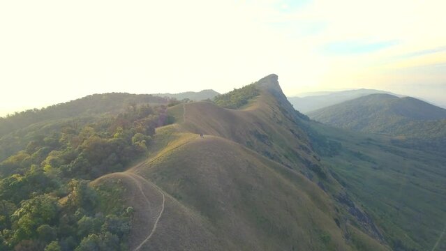 Aerial View. Flying over the high mountains, name Doi Mon Jong with beautiful sunset time in Chiang mai, Thailand.