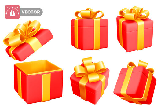 Set of 3d red gift boxes with cute bow. Open and closed. Holiday design element for birthday, wedding, advertising banner of sale and other life events. Vector realistic illustration EPS10