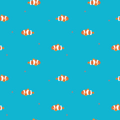 seamless marine ocean, summer time holiday vacation season with clown fish, star fish, aquatic animal wildlife underwater deep sea, repeat pattern in blue background, flat vector illustration design