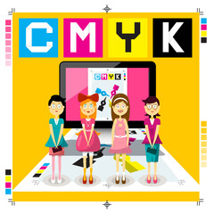 CMYK dtp - desktop publishing concept - disign with printed paper, computer and women - vector