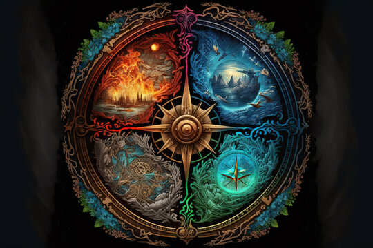 Colorful magical fantasy compass, four elements, Generative AI