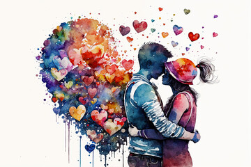 Couple in love hugging and kissing. Young love. ai generated. Watercolor illustration of kissing and hugging couple surrounded by hearts. Romantic date. Valentine's day card - obrazy, fototapety, plakaty