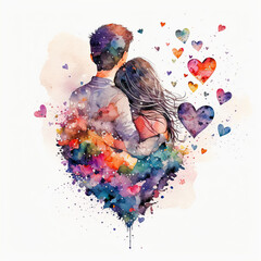 Fototapeta Couple in love hugging and kissing. Young love. ai generated. Watercolor illustration of kissing and hugging couple surrounded by hearts. Romantic date. Valentine's day card obraz