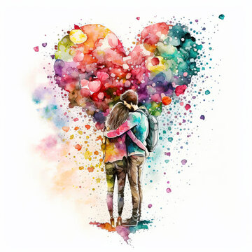 Couple in love hugging and kissing. Young love. ai generated. Watercolor illustration of kissing and hugging couple surrounded by hearts. Romantic date. Valentine's day card