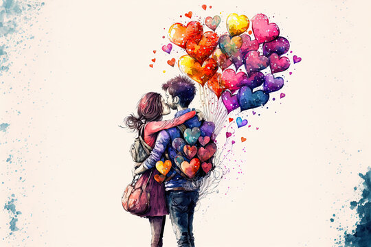 Couple in love hugging and kissing. Young love. ai generated. Watercolor illustration of kissing and hugging couple surrounded by hearts. Romantic date. Valentine's day card