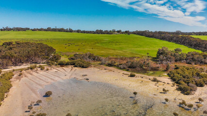 Kangaroo Island lake and trees, aerial view from drone - Australia