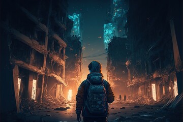 Destroyed city in the night boy walking in the city. illustration. anime. Digital painting art. digital painting style. generative AI