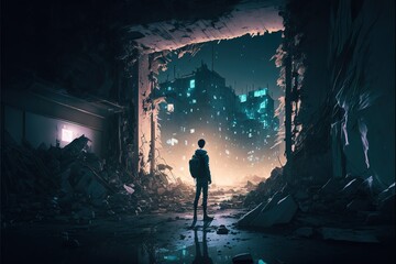 Fototapeta premium Destroyed city in the night boy walking in the city. illustration. anime. Digital painting art. digital painting style. generative AI