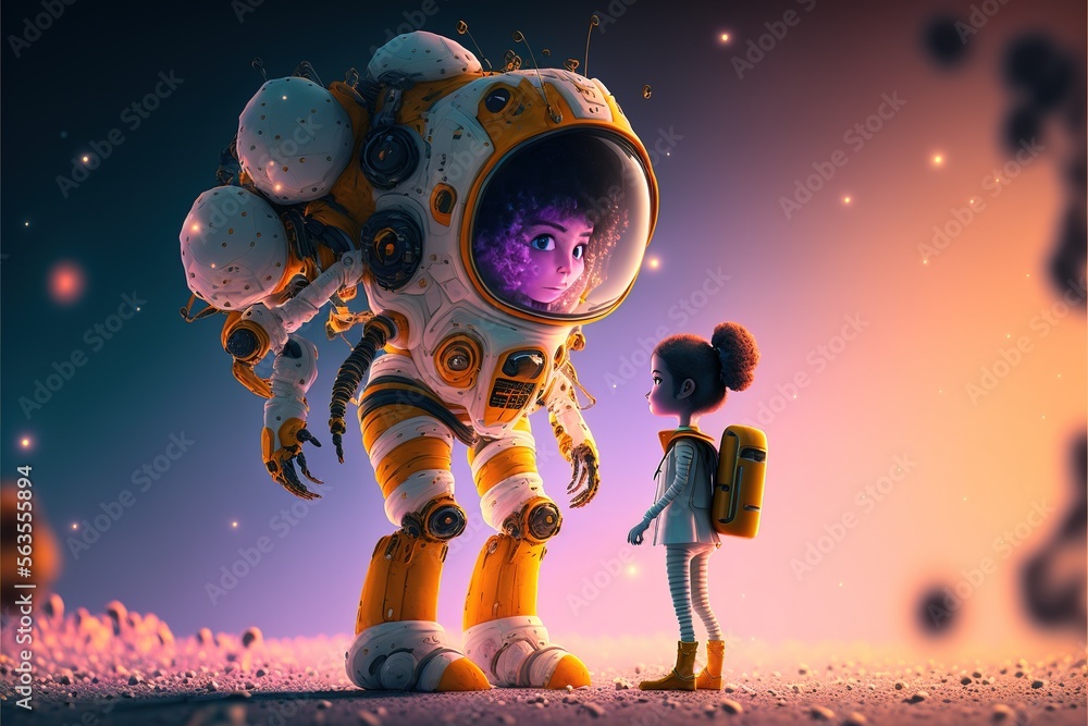 Poster an astronaut standing in a field with a girl. astronauts. generative ai