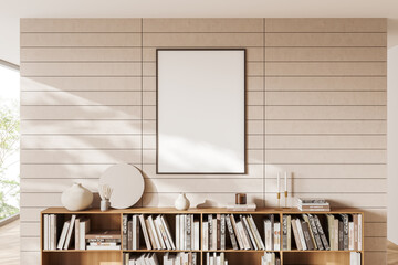 Front view on bright living room interior with empty poster