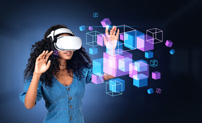 African woman in vr glasses, data blocks in cyberspace, metaverse