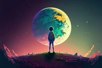 BOy standing on the moon and looking to the earth's color mixed. illustration. anime. Digital painting art. digital painting style. generative AI