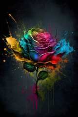 Colourful rose with paint splatters