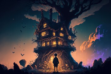 Boy standing on witches horror house .illustration. anime. Digital painting art. digital painting style. generative AI