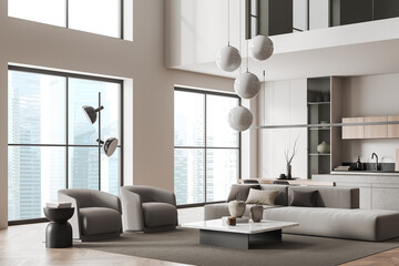 Modern studio interior with chill and cooking area, panoramic window