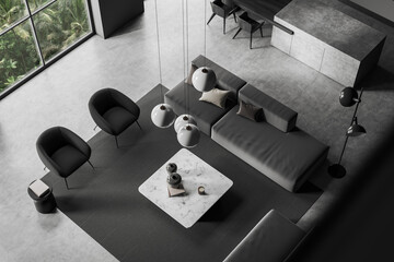 Top view on dark studio room interior with armchairs