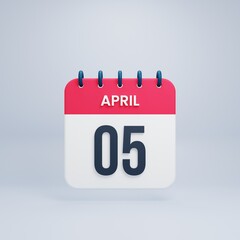 April Realistic Calendar Icon 3D Rendered Date April 05