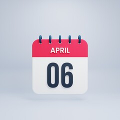 April Realistic Calendar Icon 3D Rendered Date April 06