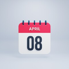 April Realistic Calendar Icon 3D Rendered Date April 08