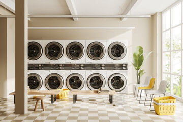 Light laundry interior with row of washing machines and panoramic window - obrazy, fototapety, plakaty