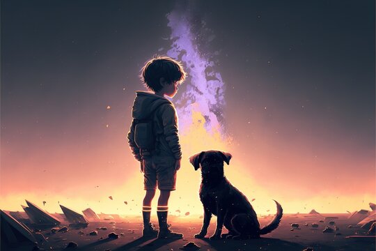 puppy looking at the boy shattering in the dust boy. illustration. anime. Digital painting art. digital painting style. generative AI