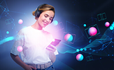 Naklejka premium Young woman with smartphone, data blocks hologram in metaverse