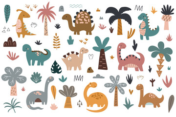 Fototapeta premium Set of cute dinosaurs and tropical plants. Vector illustration isolated on white background for your design
