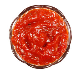 Bolognese tomato sauce in glass bowl isolated on white, top view