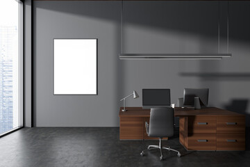 Grey office interior with pc computer near panoramic window. Mockup frame