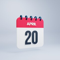 April Realistic Calendar Icon 3D Rendered Date April 20
