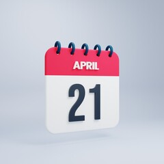 April Realistic Calendar Icon 3D Rendered Date April 21