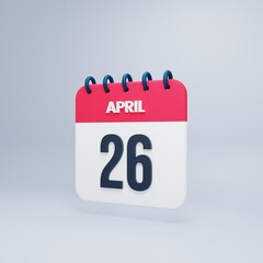 April Realistic Calendar Icon 3D Rendered Date April 26