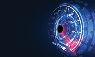 New year 2023 car speedometer, red indicator on black blur background