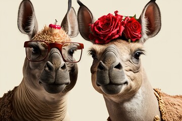 Two lovely Camels love each other valentine day celebration with red roses and wearing sunglasses. Gnerative AI