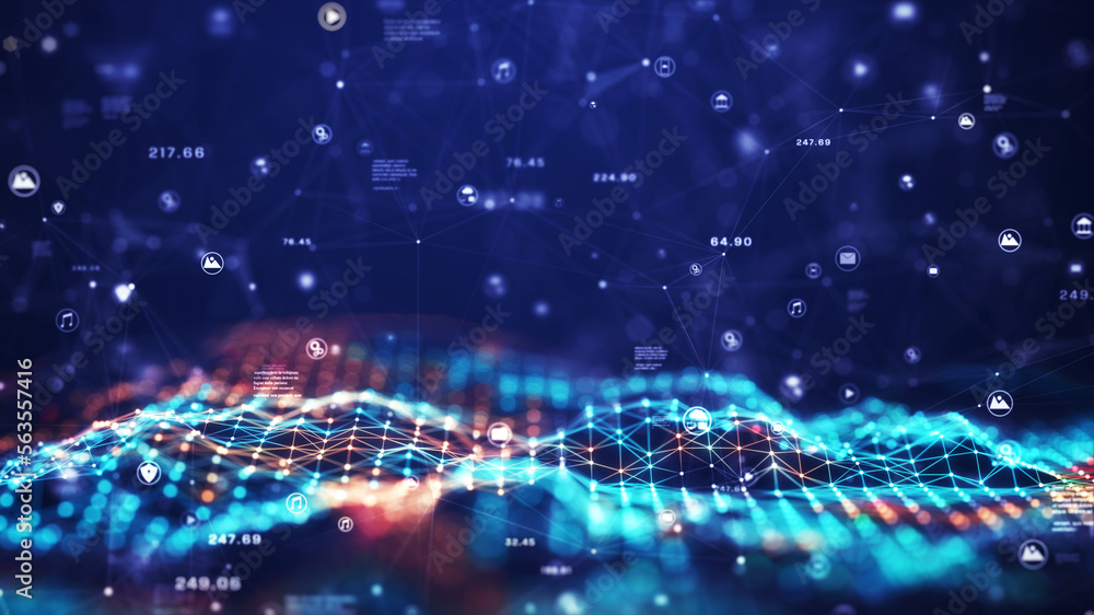 Poster technology big data network concept. motion of digital data flow. transferring of big data, block ch