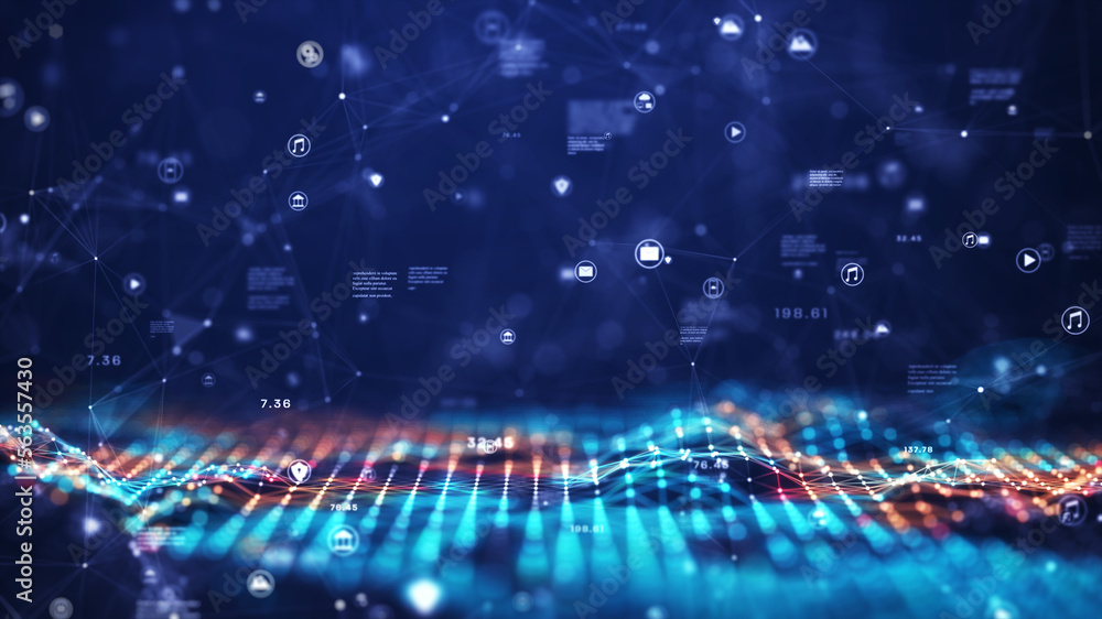 Poster technology big data network concept. motion of digital data flow. transferring of big data, block ch