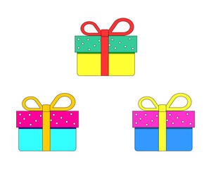 Gift boxes. Set of different present boxes. Surprise in the box. Vector.