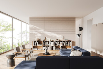 Light chill interior with couch, armchairs and panoramic window