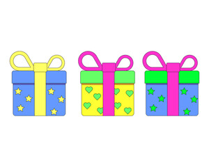 Gift boxes. Set of different present boxes. Surprise in the box. Vector.