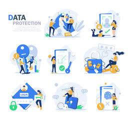 Data protection vector illustration. Cartoon flat smartphone with lock on screen, internet security service for social media privacy information, secure payment with password protection landing page - obrazy, fototapety, plakaty