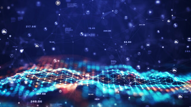 Technology big data network concept. Motion of digital data flow. Transferring of big data, block chain, Communication and technology network concept with moving lines and dots. 3D rendering