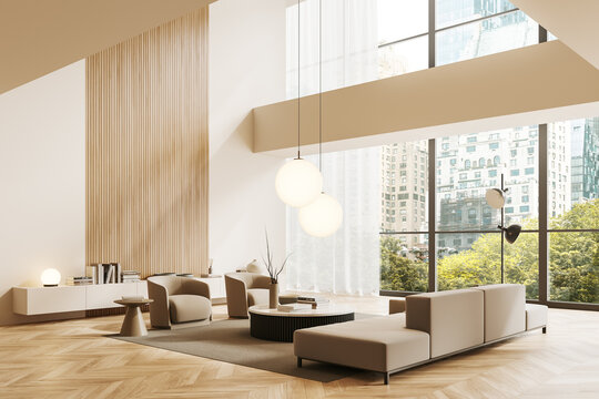 Light chill interior with couch, armchairs and panoramic window
