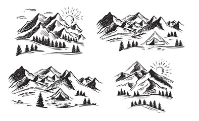 Tent camping in forest near mountains, set, hand drawn illustrations. Vector.